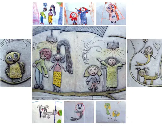 Kollage av bilder på barnteckningar och utsnitt av betongrelief som skapats utifrån barnteckningarna. Teckningarna visar en fågel och människor som sjunger och uppträder.