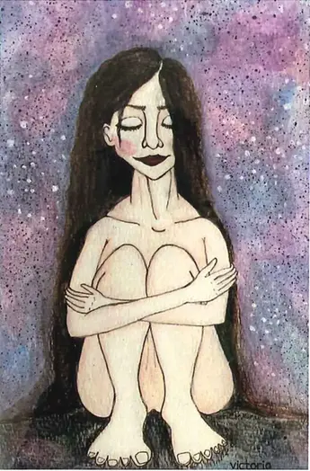 Teckning föreställande en naken kvinna som sitter med benen böjda och kramar om sina knän. Hon har slutna ögon och långt, mörkt, lockigt hår.