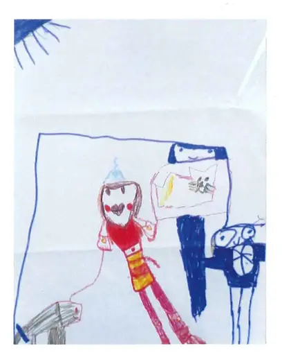Barnteckning med en blå sol i övre vänstra hörnet. En människa i röda kläder håller en hund i koppel. Bredvid står två andra människor i blå kläder. Den ena håller i en katt.