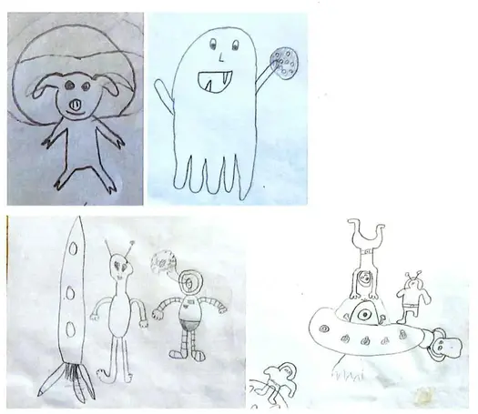 Kollage av barnteckningar med rymdfarkoster och utomjordingar.