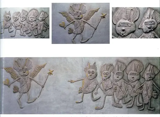 Kollage med bild på en betongrelief och olika utsnitt från samma relief. Motivet är fem glada, busiga kaniner eller harar som tittar mot en annan kanin eller hare med vingar. Kaninen med vingar har ett hjärta i ena handen och ett trollspö i den andra handen.