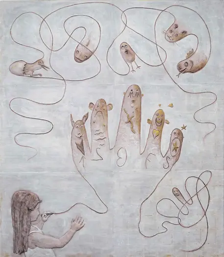 Betongrelief föreställande en stor teckning som ritas av en flicka i nedre vänstra hörnet. Hon ritar en hand vars fingrar blir till figurer.